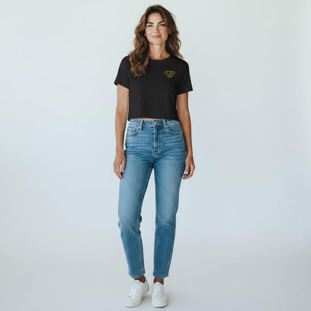 Hustler Design black cropped tee made from 95% cotton and 5% elastane, featuring a subtle gold diamond logo on the chest.