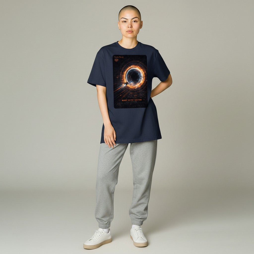 Dunkelblaues Baumwoll-T-Shirt von Hustler Design mit einem Sci-Fi-Aufdruck eines Raumschiffs, das in einen Warp-Tunnel fliegt.