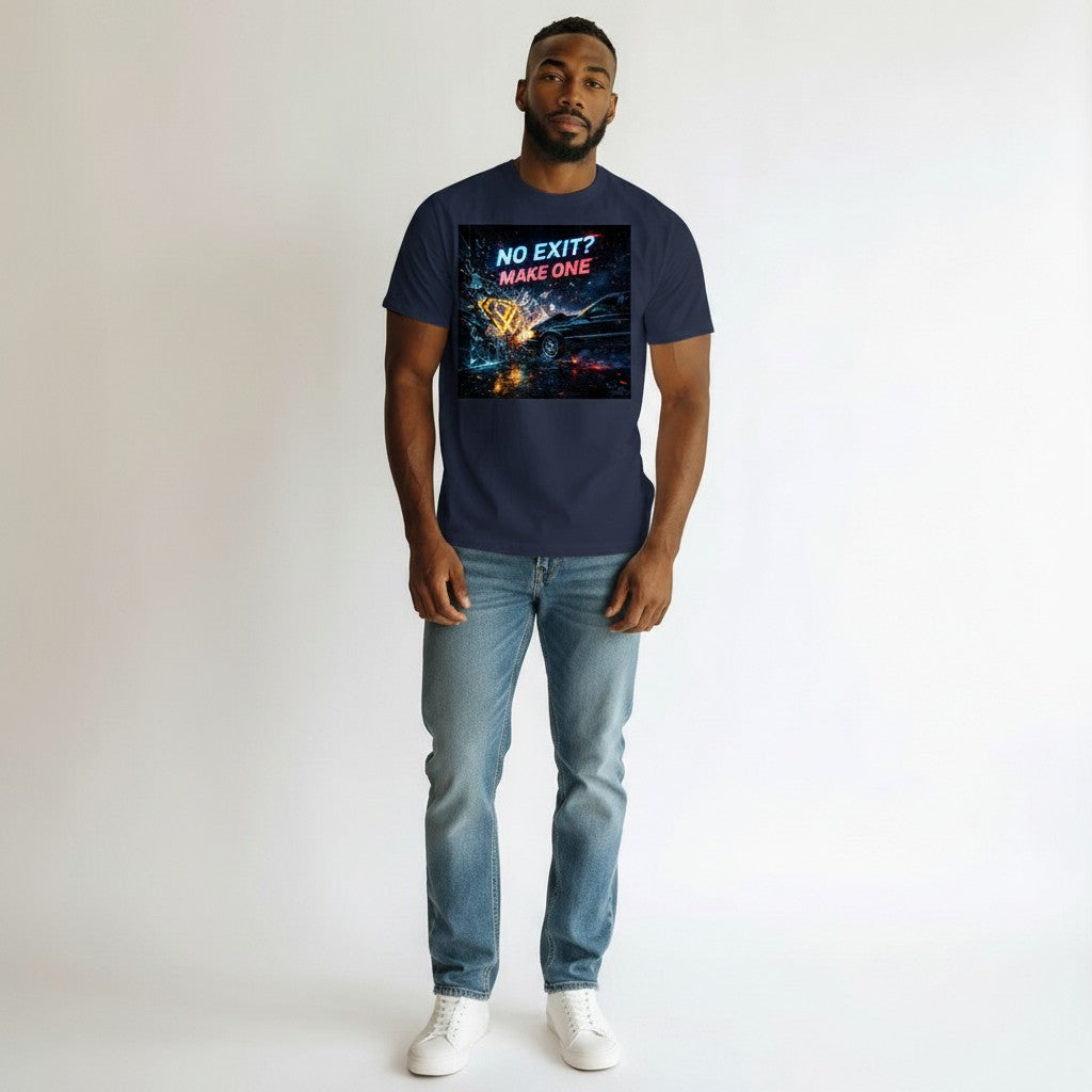 Hustler Design navy blue 100% cotton t-shirt with a cyberpunk graphic of a car crashing through glass with neon text "NO EXIT? MAKE ONE".