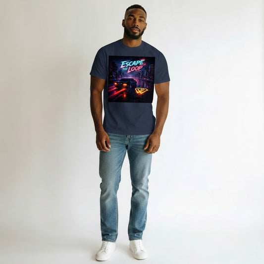 Hustler Design navy blue 100% cotton t-shirt with a cyberpunk graphic of a car on a wet city street at night, neon lights, and the text "Escape the Loop".