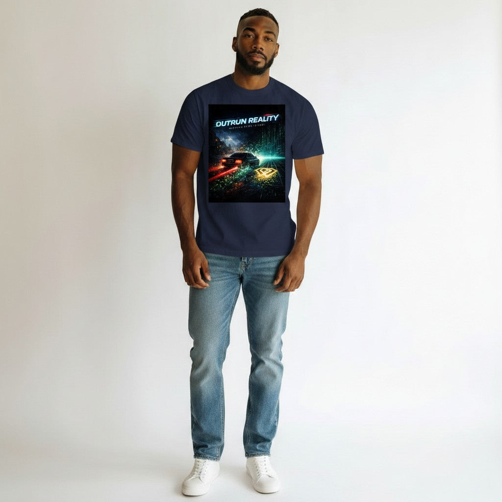 Hustler Design navy blue cotton t-shirt with a cyberpunk cityscape graphic featuring a car and neon lights.