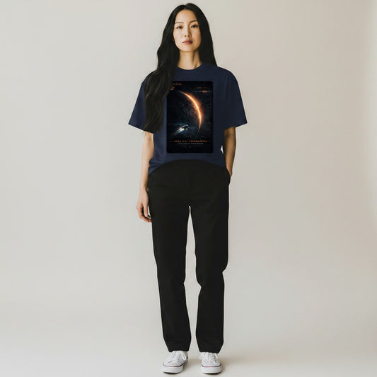 Hustler Design navy blue 100% cotton unisex t-shirt with a 'Dark Side Transmission' graphic featuring a planet, spaceship, and space-themed design.