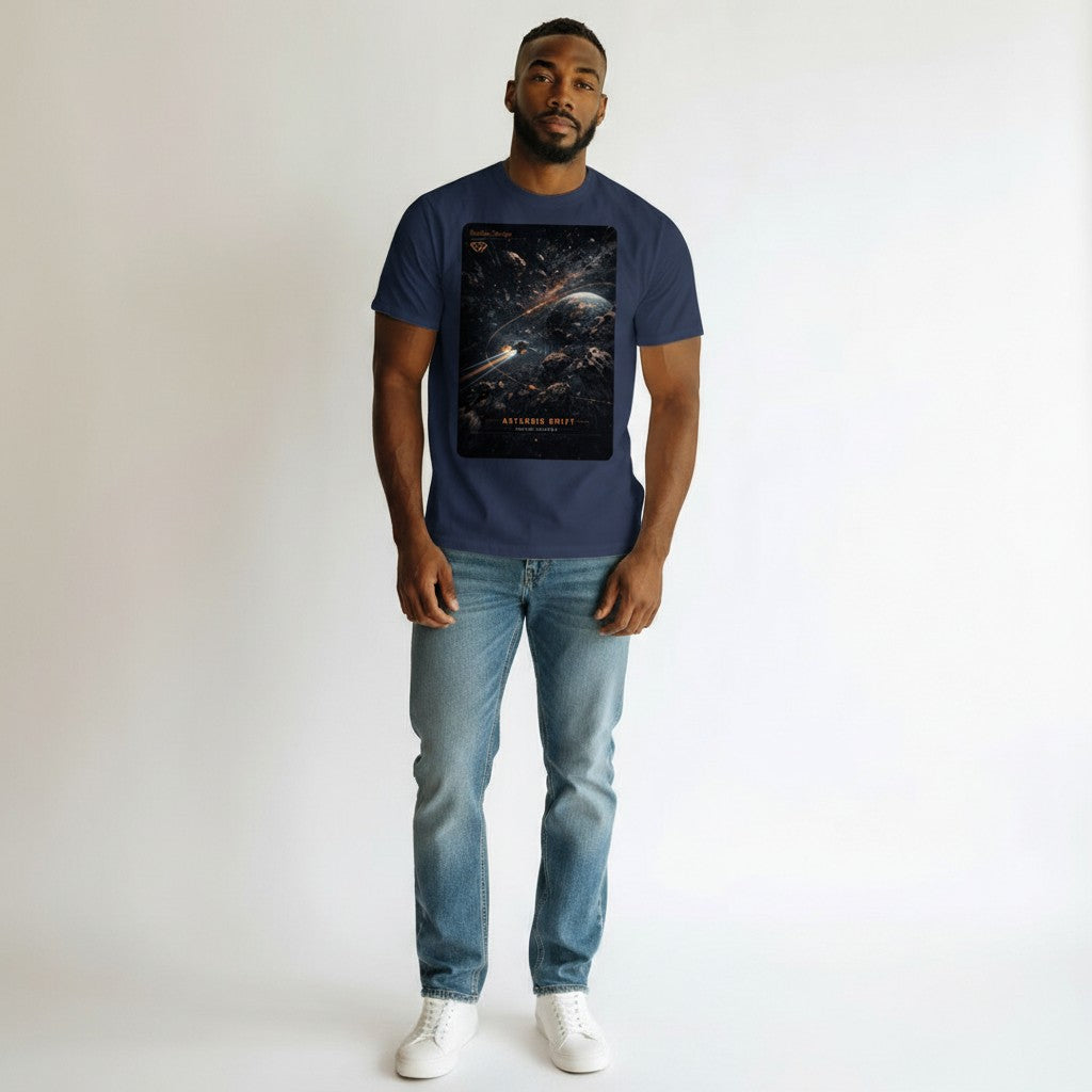 Dunkelblaues Baumwoll-T-Shirt von Hustler Design mit einem Weltraum-Design, das einen Asteroidenfeld mit einem Raumschiff zeigt.