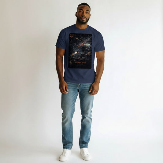 Dunkelblaues Baumwoll-T-Shirt von Hustler Design mit einem Weltraum-Design, das einen Asteroidenfeld mit einem Raumschiff zeigt.