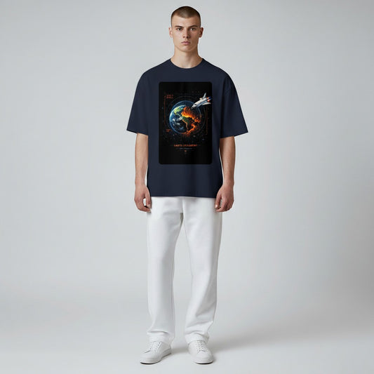 Hustler Design navy blue 100% cotton t-shirt with a graphic print of Earth fragmenting with a space shuttle flying past.