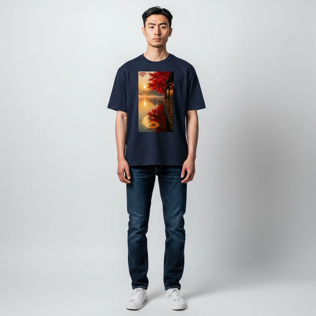Hustler Design navy blue unisex t-shirt with a serene Japanese landscape featuring a lake, traditional building, red maple tree, and a yin yang reflection.