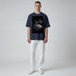 Hustler Design navy blue 100% cotton unisex t-shirt with a 'Lunar Signal' graphic depicting a lunar base and signal waves.