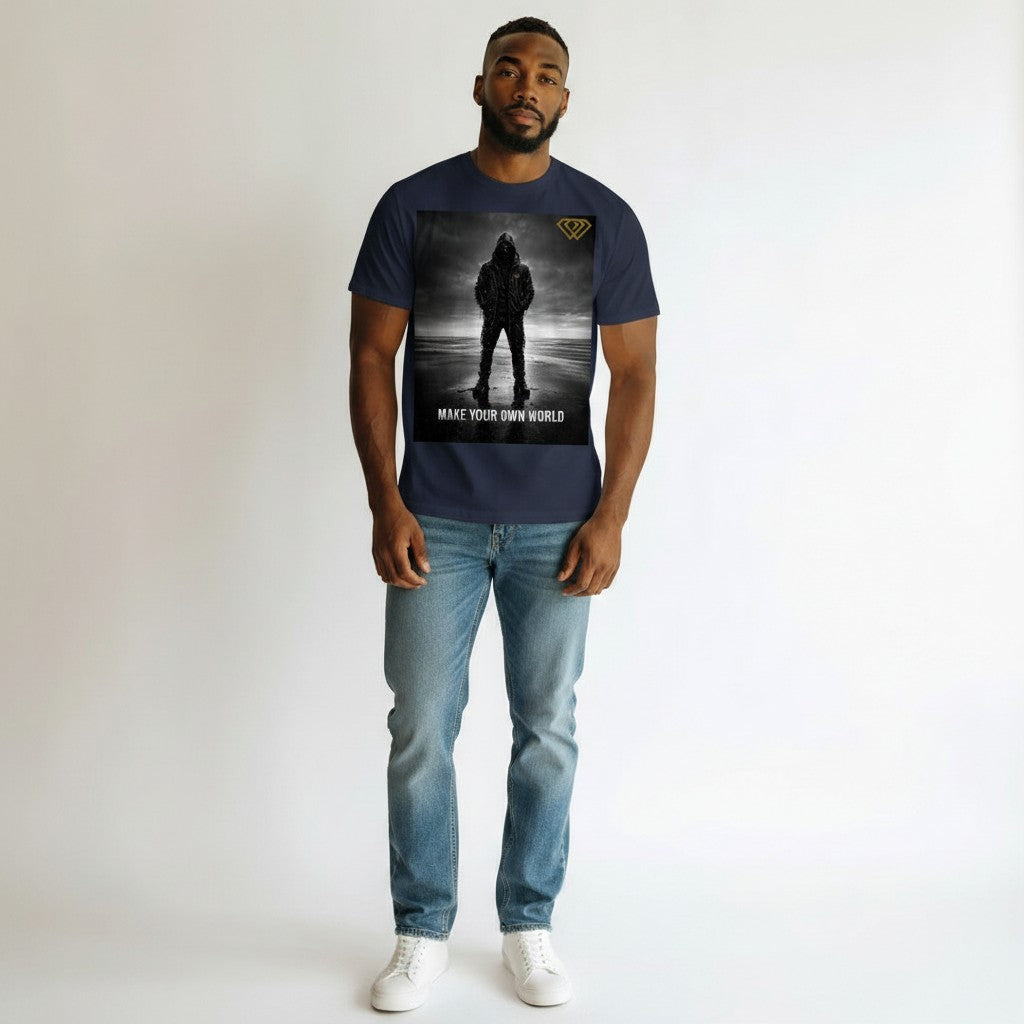 Hustler Design navy blue 100% cotton unisex t-shirt with a graphic print of a figure in a hooded jacket on a beach, text reads "MAKE YOUR OWN WORLD".
