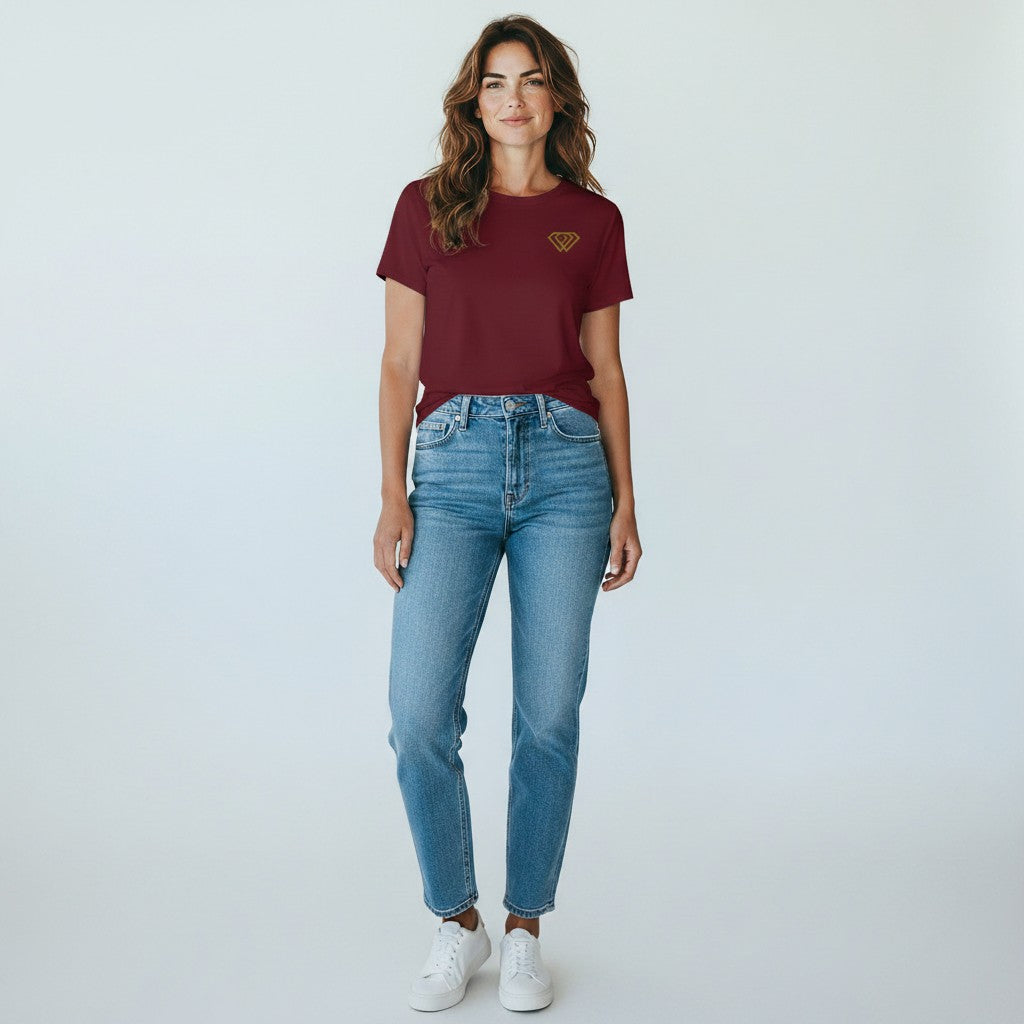 Hustler Design women's maroon organic cotton t-shirt with gold logo detail on chest, crew neck, short sleeves.