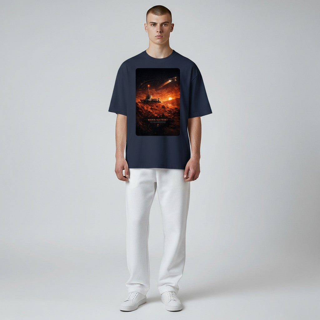 Hustler Design navy blue 100% cotton t-shirt with a Mars outpost graphic and a spaceship flying towards a sunset.