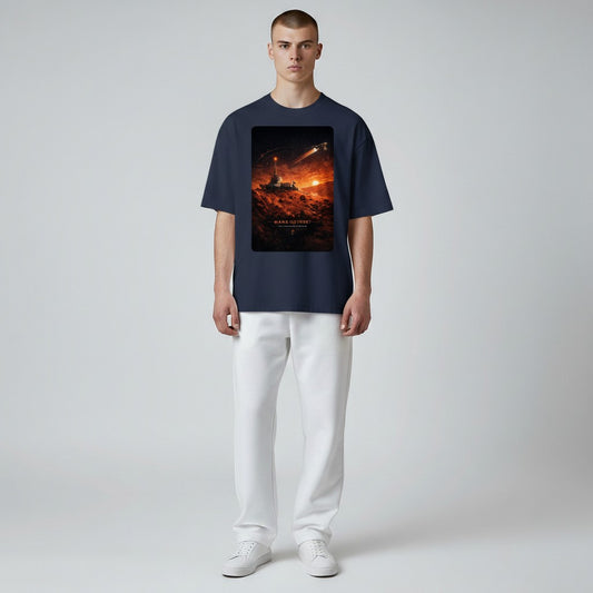 Hustler Design navy blue 100% cotton t-shirt with a Mars outpost graphic and a spaceship flying towards a sunset.