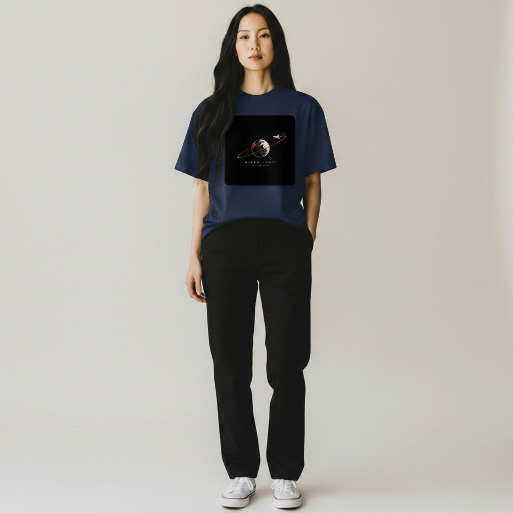 Hustler Design navy blue 100% cotton t-shirt with a graphic print of a planet in orbit and a spaceship.