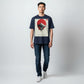 Hustler Design navy blue unisex t-shirt with a minimalist Japanese-inspired graphic featuring a mountain, red sun, waterfall, and quote.