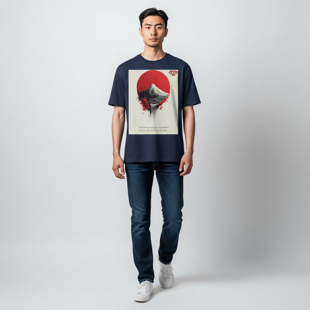 Hustler Design navy blue unisex t-shirt with a minimalist Japanese-inspired graphic featuring a mountain, red sun, waterfall, and quote.