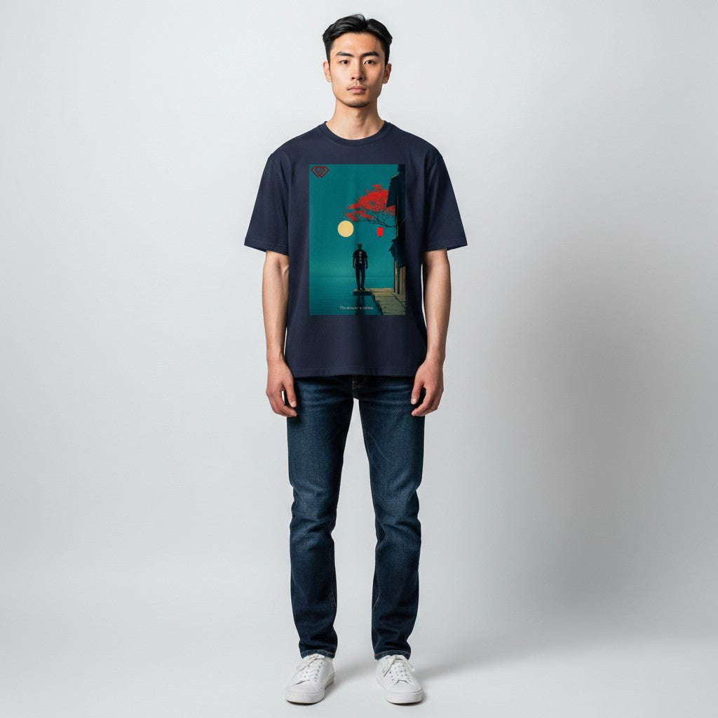 Hustler Design navy blue unisex t-shirt with a minimalist Japanese-inspired graphic featuring a person looking at a full moon over water.