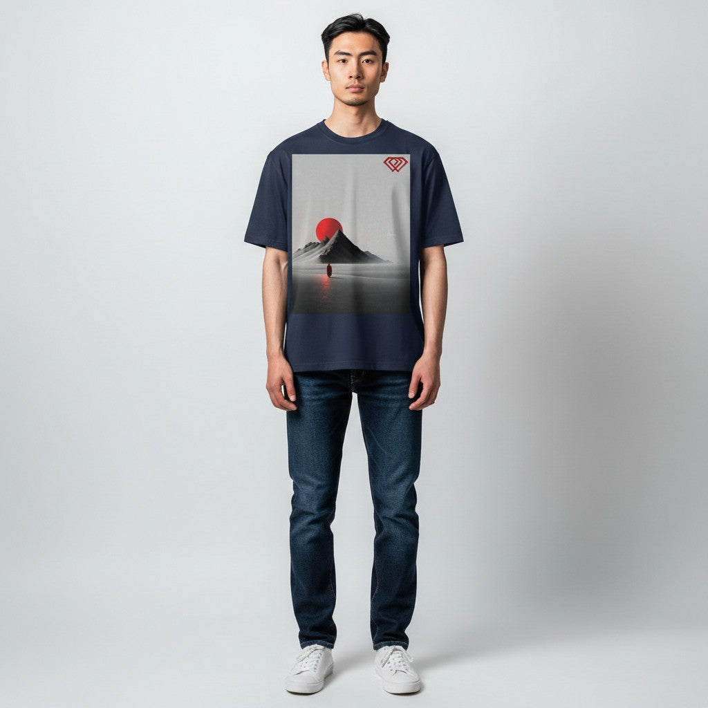 Hustler Design navy blue unisex t-shirt with a minimalist graphic of a red sun over a mountain and a lone figure on a beach.