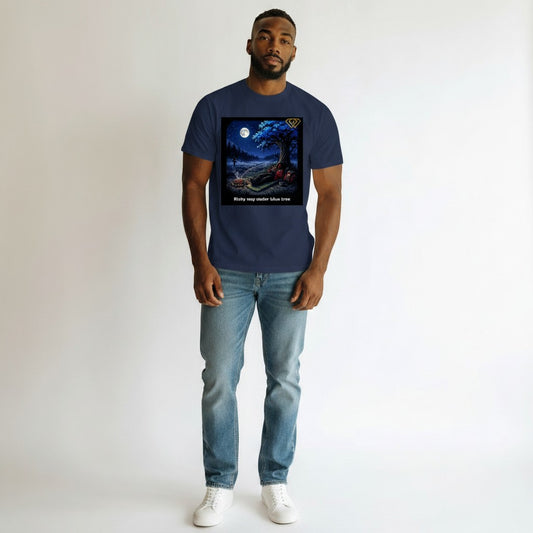 Hustler Design navy blue cotton t-shirt with a graphic print of a person sleeping by a campfire under a blue tree at night with a full moon.