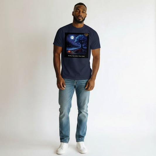 Hustler Design navy blue 100% cotton unisex t-shirt with a pixel art graphic of a person sleeping by a campfire under a blue tree at night.