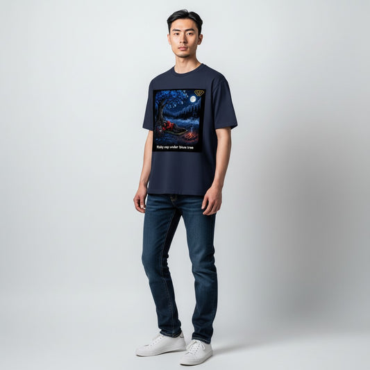 Hustler Design navy blue 100% cotton t-shirt with a graphic print of a person sleeping by a campfire under a blue tree at night.
