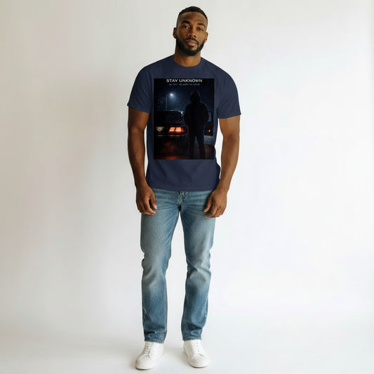 Hustler Design navy blue cotton t-shirt with a graphic print of a hooded figure standing next to a car at night.