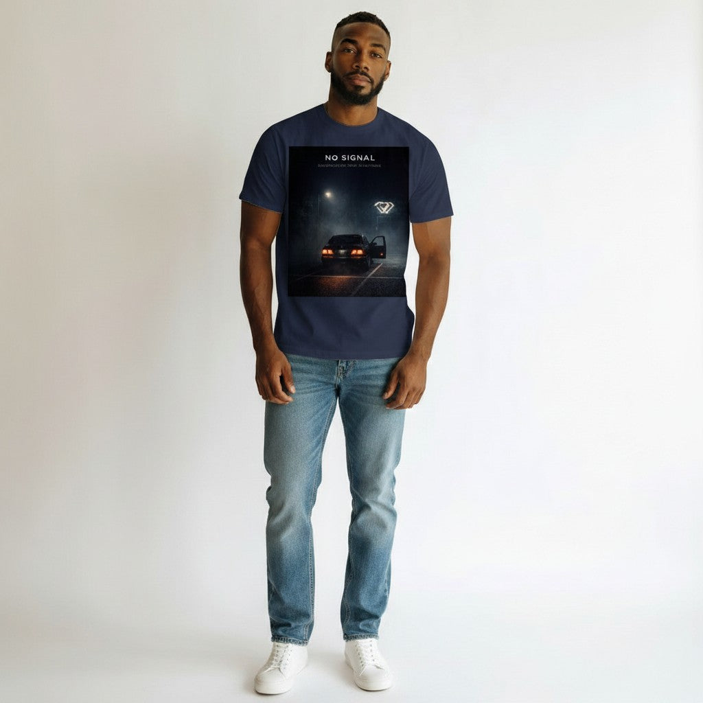 Hustler Design navy blue 100% cotton t-shirt with a graphic print of a car with its door open in a foggy parking lot at night, under a neon diamond sign.