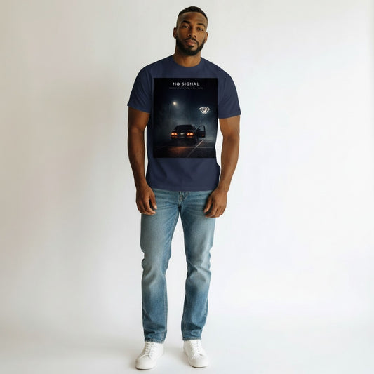 Hustler Design navy blue 100% cotton t-shirt with a graphic print of a car with its door open in a foggy parking lot at night, under a neon diamond sign.