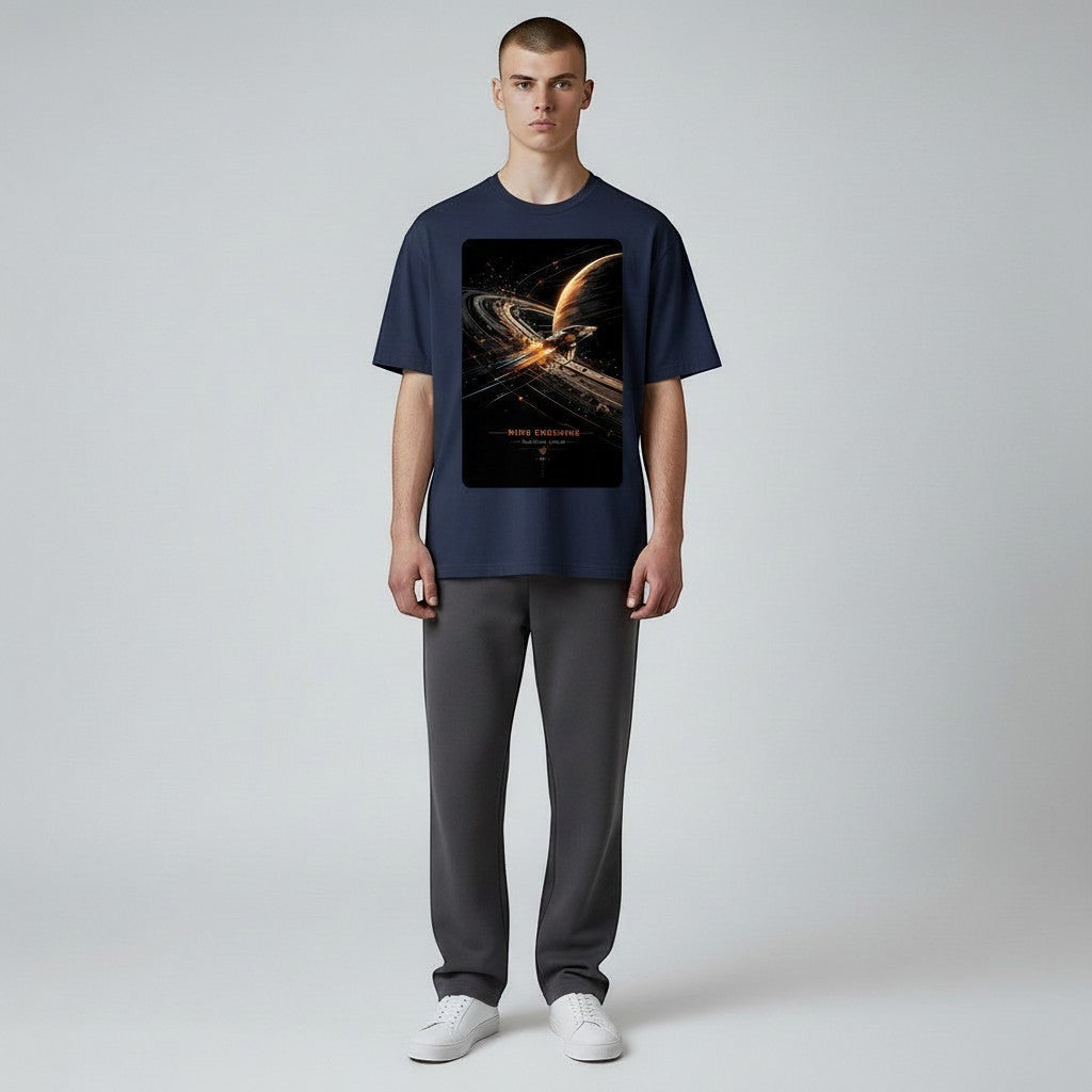 Hustler Design navy blue 100% cotton unisex t-shirt with a graphic print of a spaceship navigating planetary rings.