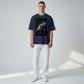 Hustler Design navy blue 100% cotton t-shirt with a graphic print of a satellite in orbit around Earth, with debris and stars.