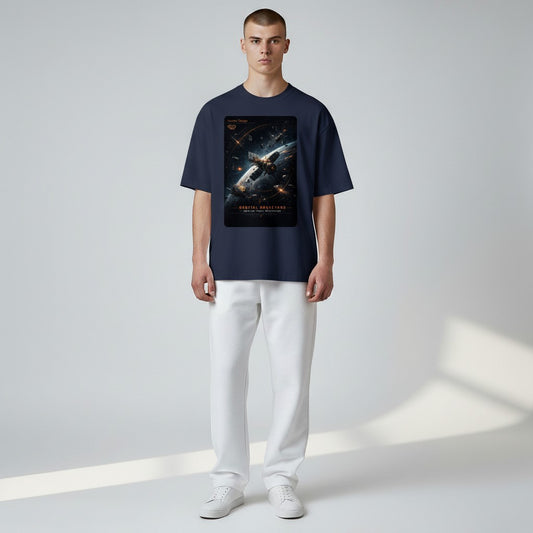 Hustler Design navy blue 100% cotton t-shirt with a graphic print of a satellite in orbit around Earth, with debris and stars.