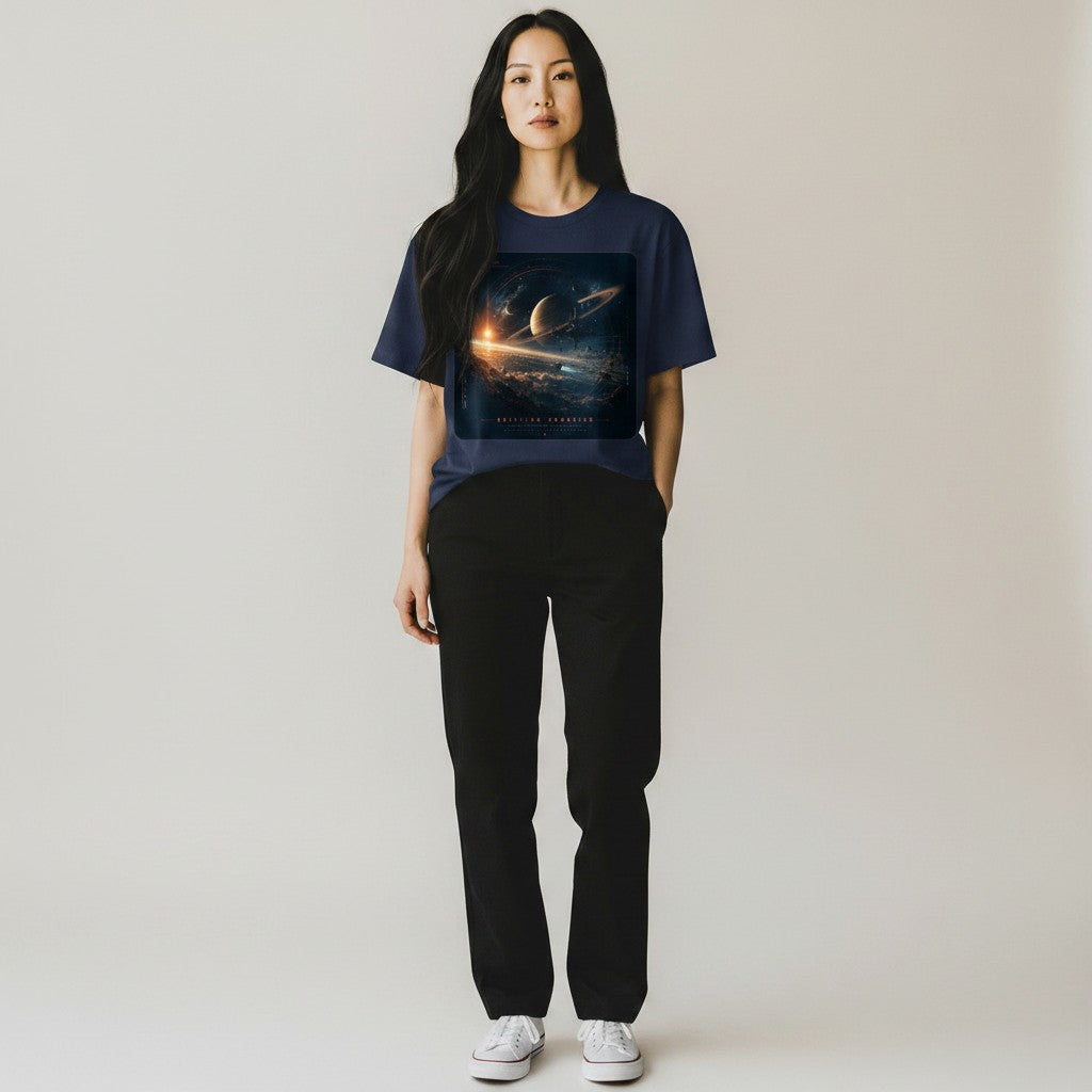 Hustler Design navy blue 100% cotton t-shirt with a graphic print of a ringed planet, spacecraft, and cosmic landscape.