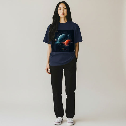 Hustler Design navy blue 100% cotton t-shirt with a graphic print of planets and nebulae in space, titled 'Last Orbit'.
