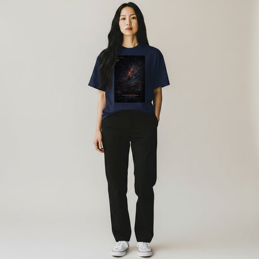 Hustler Design navy blue 100% cotton unisex t-shirt with a graphic print of a satellite in space.