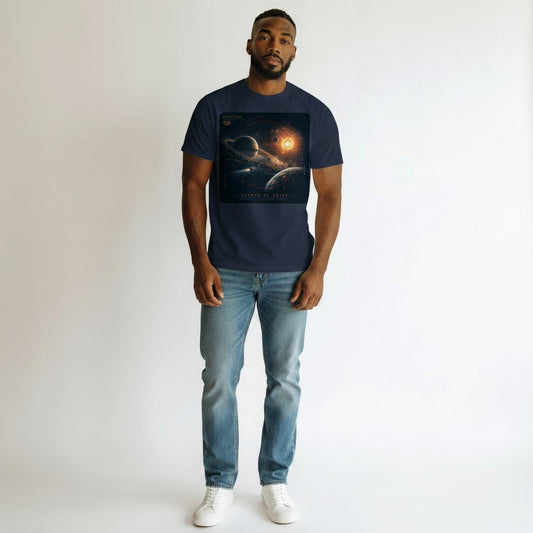 Hustler Design Unisex T-Shirt aus 100% Baumwolle mit Weltraum-Design und Raumschiff-Motiv, dunkelblau.