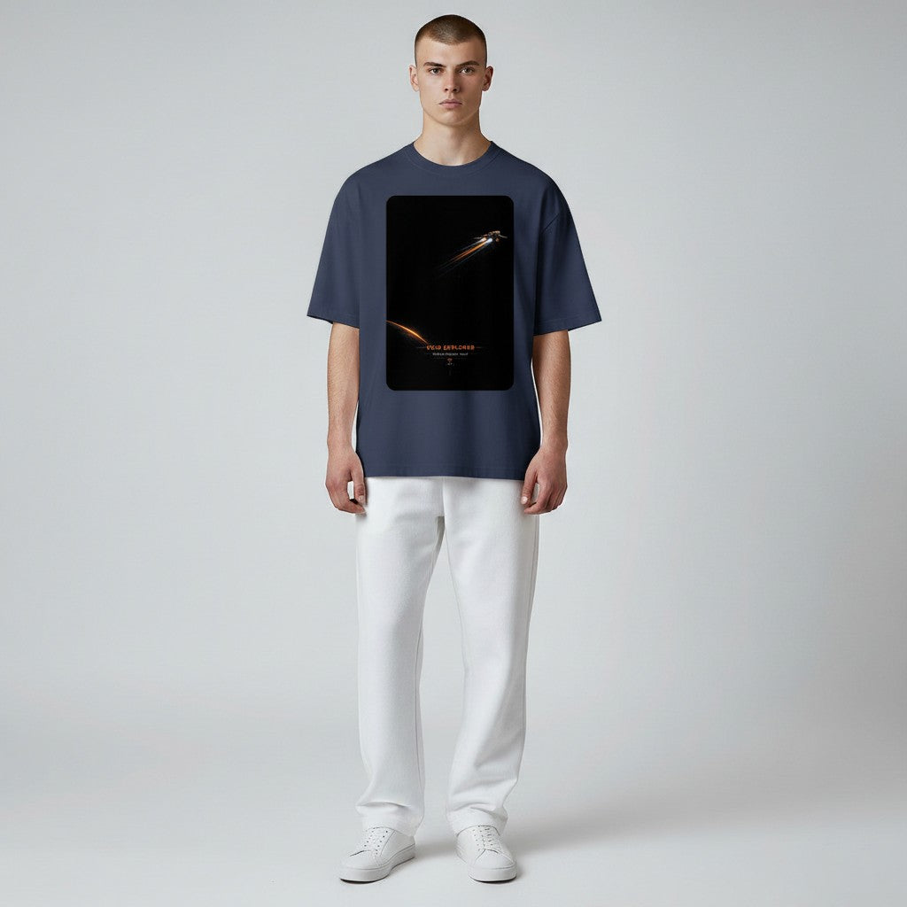 Hustler Design navy blue 100% cotton t-shirt with a "Void Explorer" graphic featuring a spaceship in deep space.