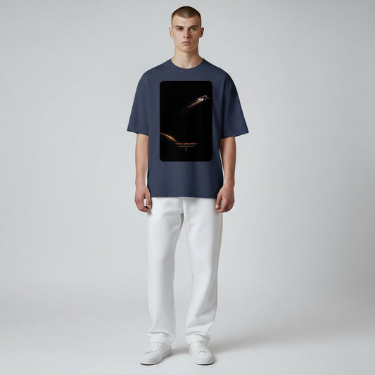Hustler Design navy blue 100% cotton t-shirt with a "Void Explorer" graphic featuring a spaceship in deep space.