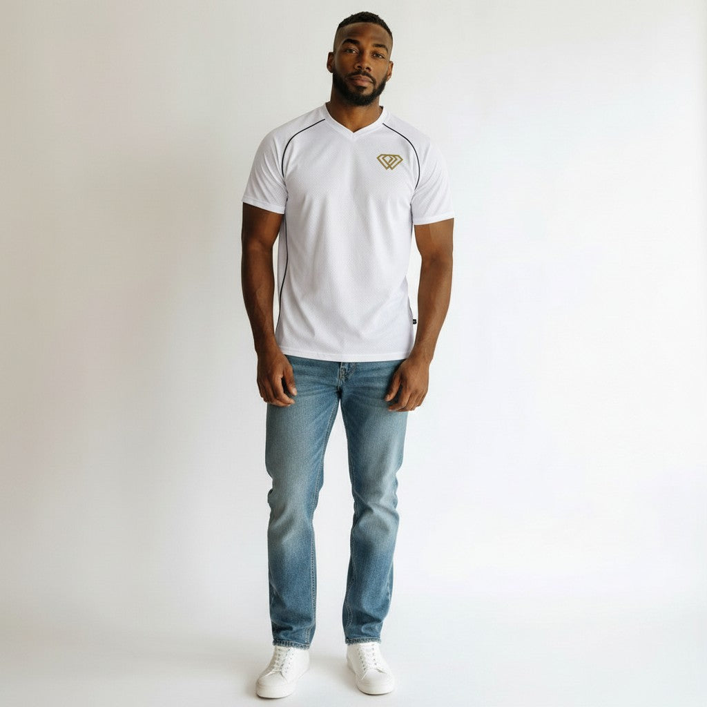 Hustler Design white polyester t-shirt with gold diamond logo and black trim, suitable for sports.