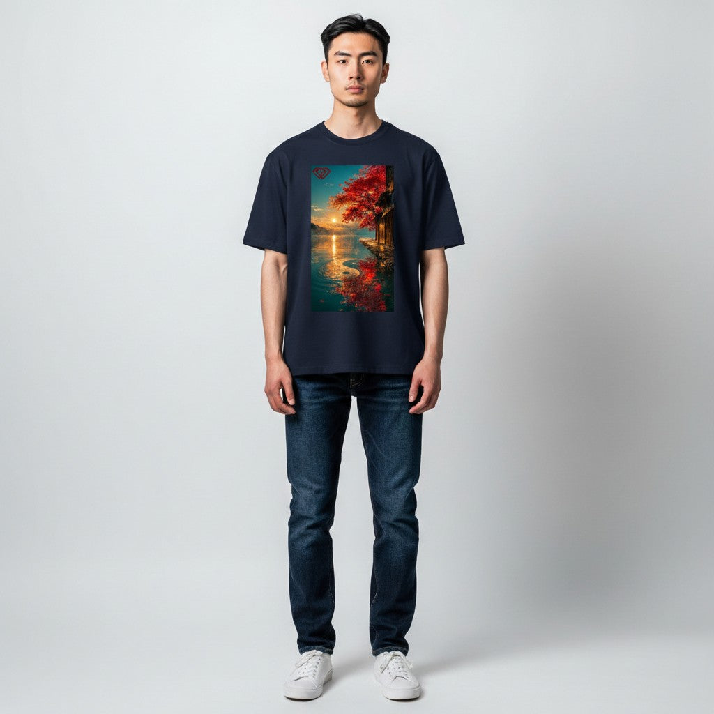 Hustler Design navy blue unisex t-shirt with a serene Japanese landscape featuring a yin yang symbol in the water, autumn leaves, and a traditional building at sunset.