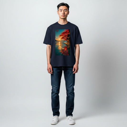 Hustler Design navy blue unisex t-shirt with a serene Japanese landscape featuring a yin yang symbol in the water, autumn leaves, and a traditional building at sunset.