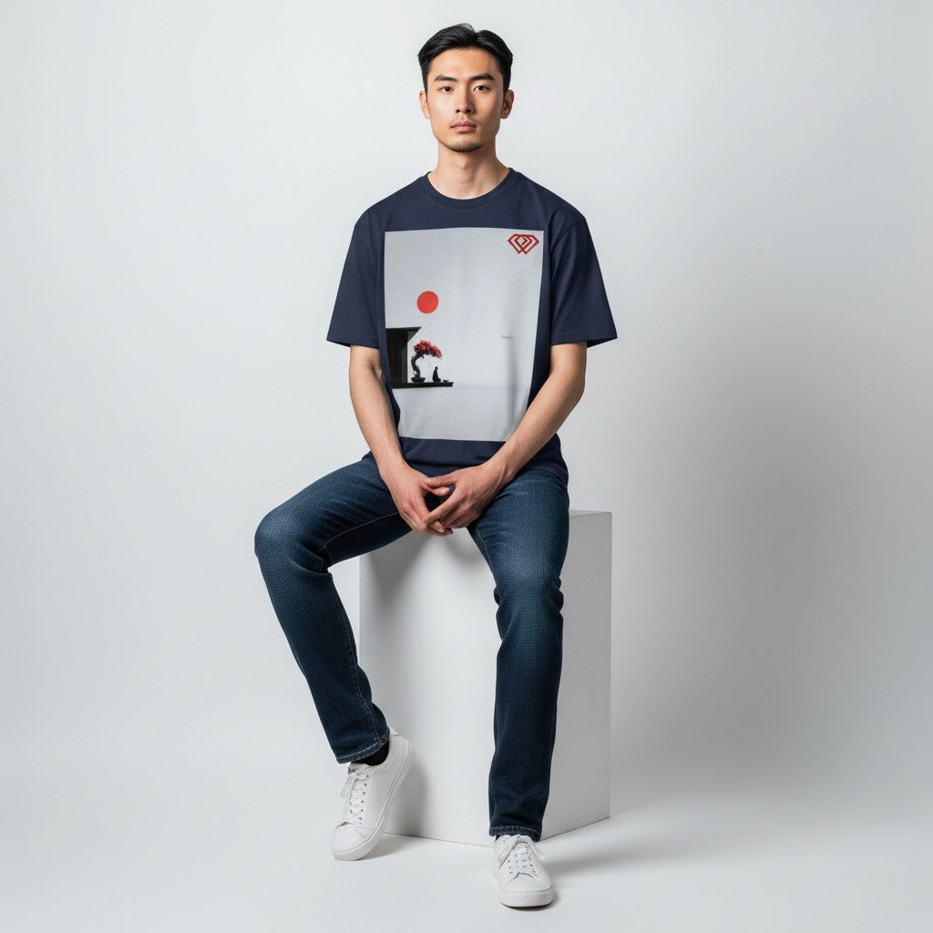 Hustler Design navy blue unisex t-shirt with a minimalist Zen aesthetic graphic featuring a red sun, a bonsai tree, and a meditating figure.
