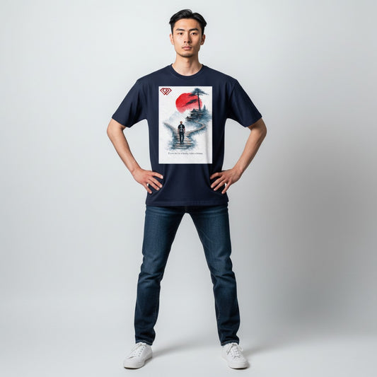 Hustler Design navy blue unisex t-shirt with a minimalist Japanese-inspired graphic featuring a man walking up stone steps towards a traditional building under a red sun.
