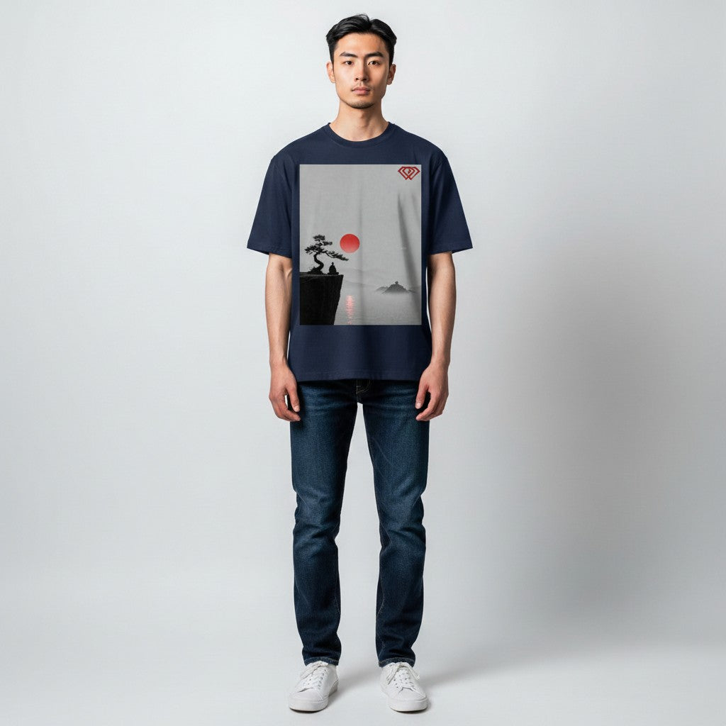 Hustler Design navy blue unisex t-shirt with a minimalist Zen aesthetic print featuring a person meditating on a cliff edge with a bonsai tree and a red sun.