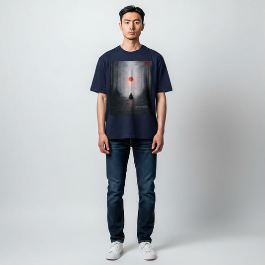 Hustler Design navy blue unisex t-shirt with a graphic print of a meditating figure in a misty forest with a red sun.